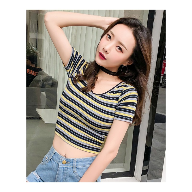 夏季新品韩版彩色拼接撞色条纹T恤女针织短袖上衣修身露脐打底衫
