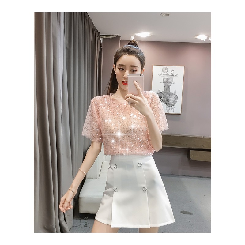 新款韩版T恤女短袖修身显瘦亮片半袖上衣服潮百搭精品2018夏季装