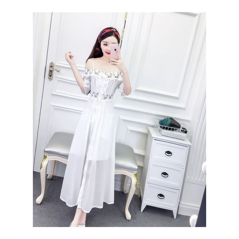 连衣裙女夏2018新款韩版一字领露肩高腰单排扣雪纺中长款带裙潮