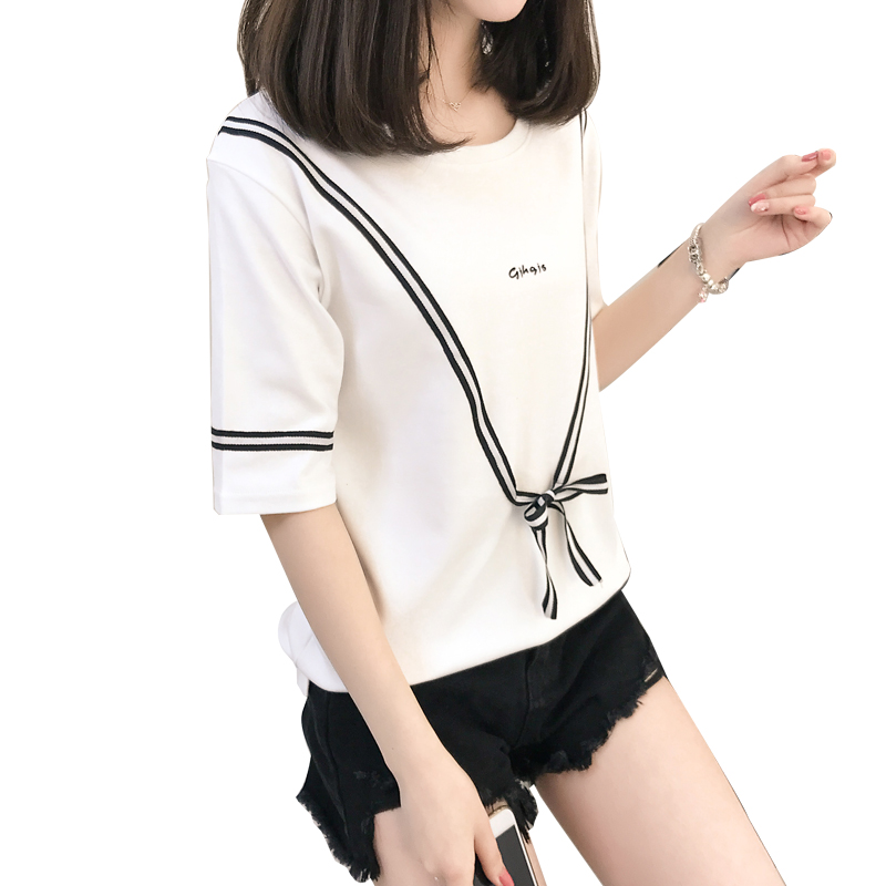 少女2018新款夏装宽松短袖T恤初中学生韩版百搭时尚五分袖上衣服