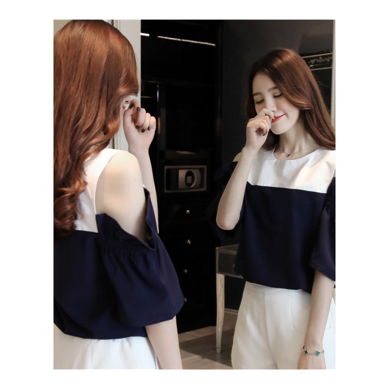 韩版露肩短袖T恤女夏季2018新款女装雪纺衫宽松条纹一字肩上衣服