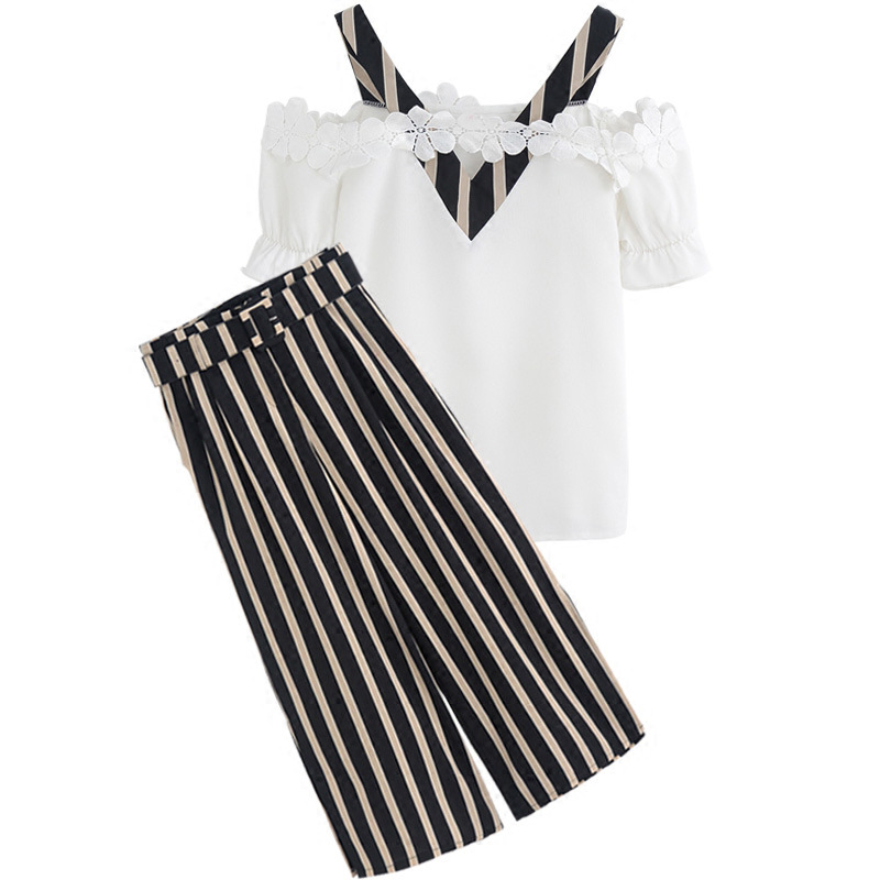 2018新款夏季套装女时尚两件套韩版露肩短袖T恤上衣条纹阔腿裤子