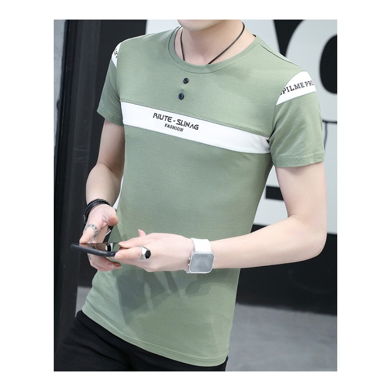 2018夏季新款男士短袖T恤韩版修身圆领半袖拼色青年潮流男装衣服