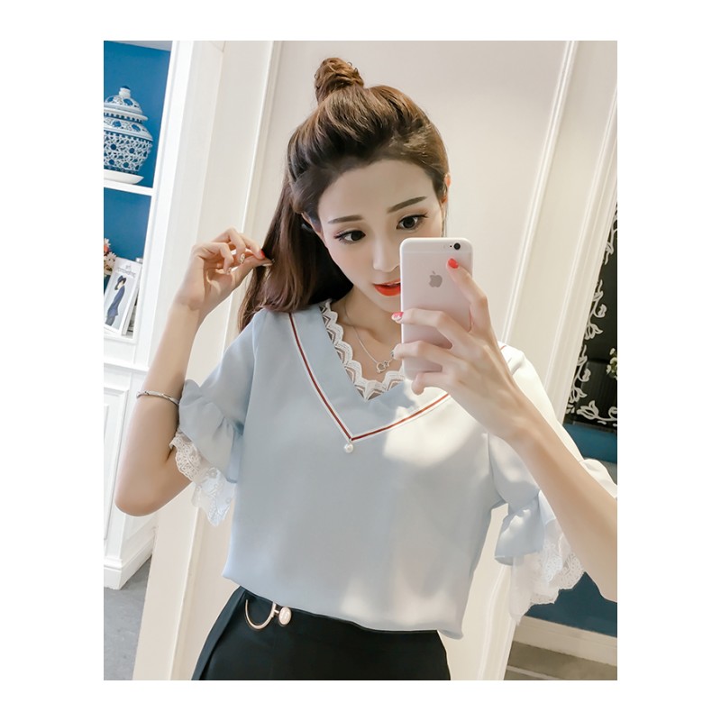 2018夏装新款短袖洋气雪纺衫女宽松韩版百搭上衣服超仙甜美小衫潮