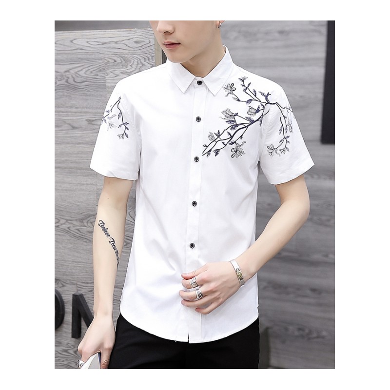 新款夏季男士短袖衬衫男装衬衣韩版印花青年男上衣服休闲半袖寸衫
