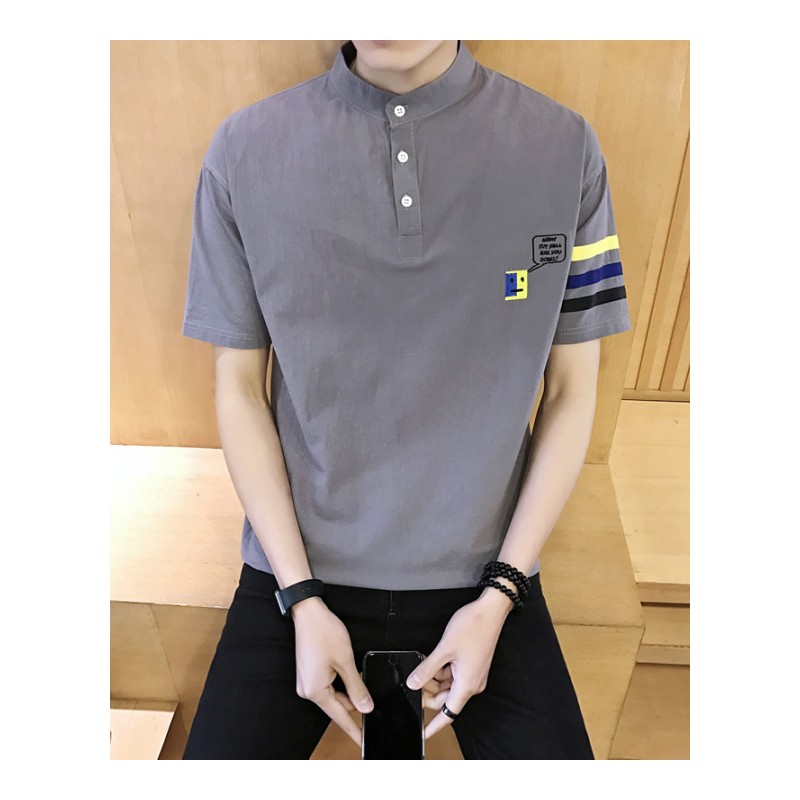 夏季新款男士韩版修身短袖T恤体恤衫韩版学生立领套头衫半袖衣服