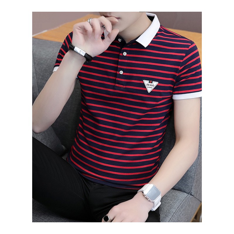 夏季男士短袖T恤韩版修身条纹翻领polo衫潮流青年半袖上衣服新款