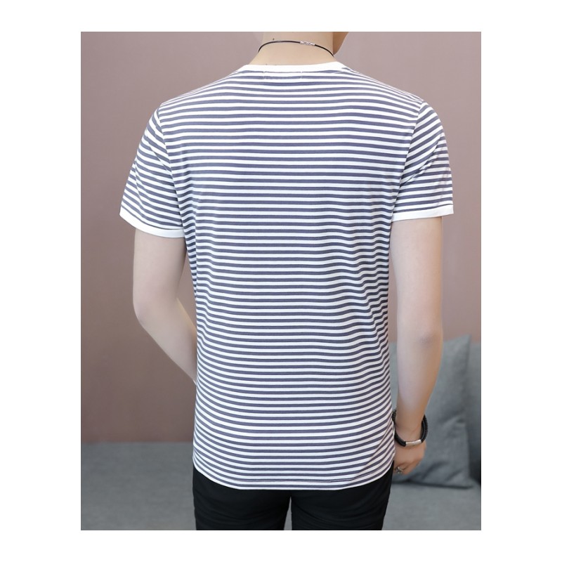 2018新款夏装男士短袖体恤圆领印花打底衫青年上衣潮条纹T恤衫