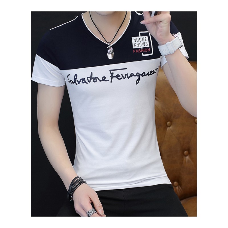 2018新款短袖T恤男士韩版V领夏季上衣修身半袖 男装休闲打底衫潮