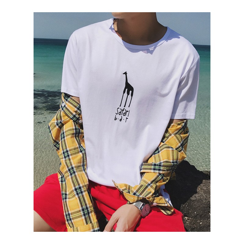 2018年夏季新款时尚潮流帅气动物潮男士印花长颈鹿短袖T恤打底衫