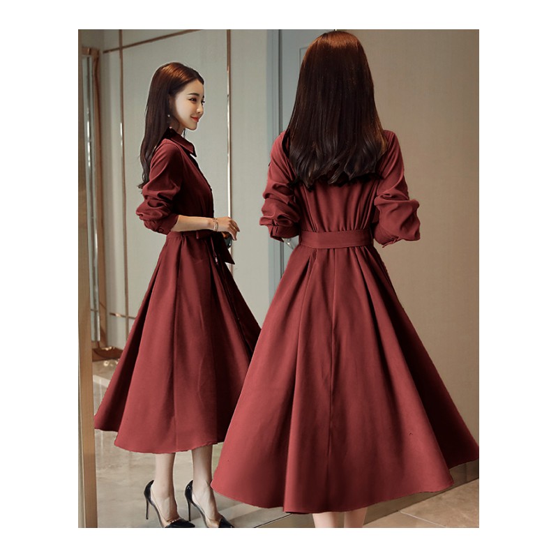 2018年春夏季长袖中长款单件套头高腰连衣裙A型韩版百搭宽松休