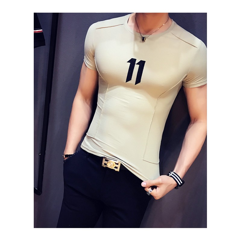 2018男装常规字母数字时尚都市绣花夏季圆领短袖修身青T恤
