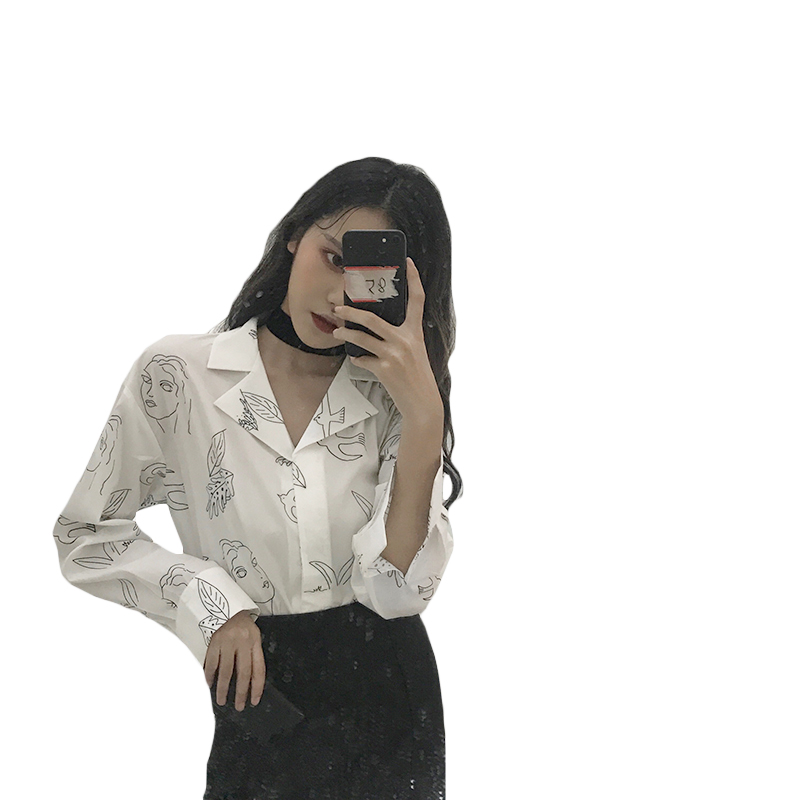 港味复古chic风宽松显瘦百搭POLO领印花长袖衬衫女夏季新款上衣潮