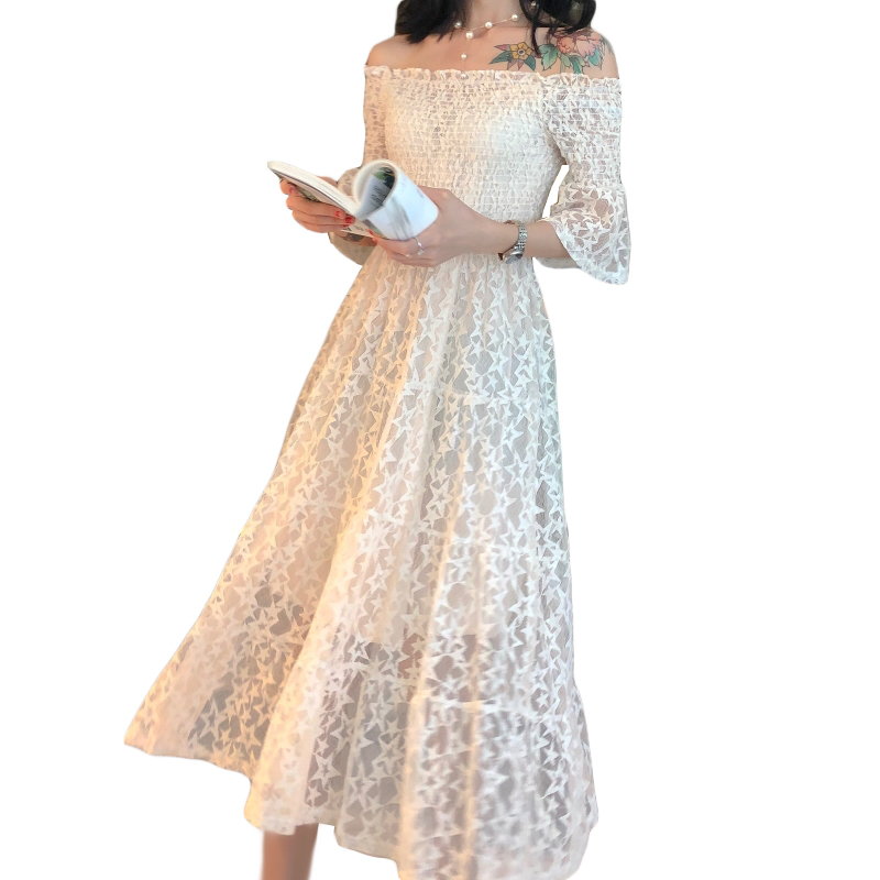 夏装2018新款女百搭纯色性感蕾丝中长裙气质显瘦一字领收腰连衣裙