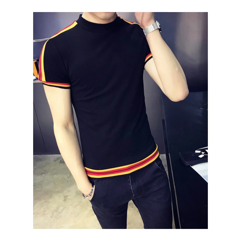 夏季半截袖男T恤韩版修身拼色条纹短袖衣服2018青年个性潮流体恤