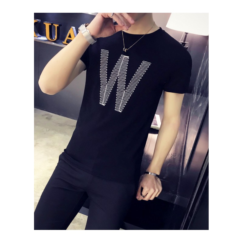 2018新款夏韩版男装字母数字青春流行绣花夏季青圆领修身短袖T恤