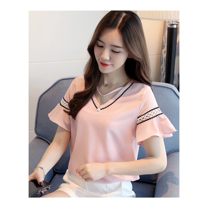 蕾丝衫/雪纺衫纯色喇叭袖单件2018年夏季韩版短袖套头直筒心机时