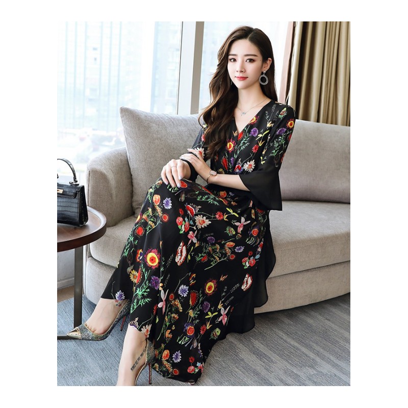 2018潮夏季女A型单件通勤潮流拼接五分时尚气质连衣裙