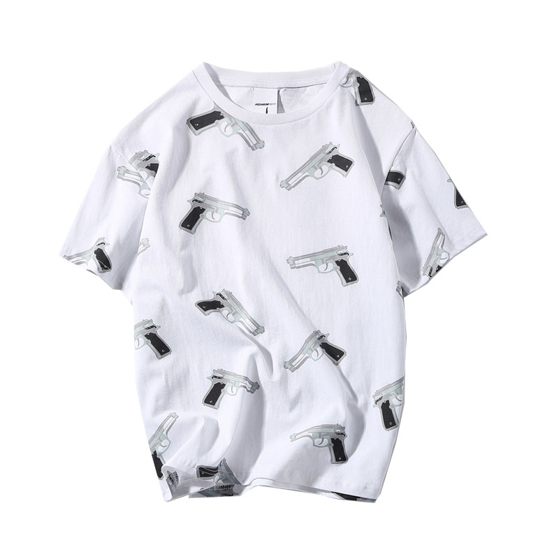 18新款圆领白色常规创意夏国潮嘻哈棉麻宽松手枪全身印花短袖T恤