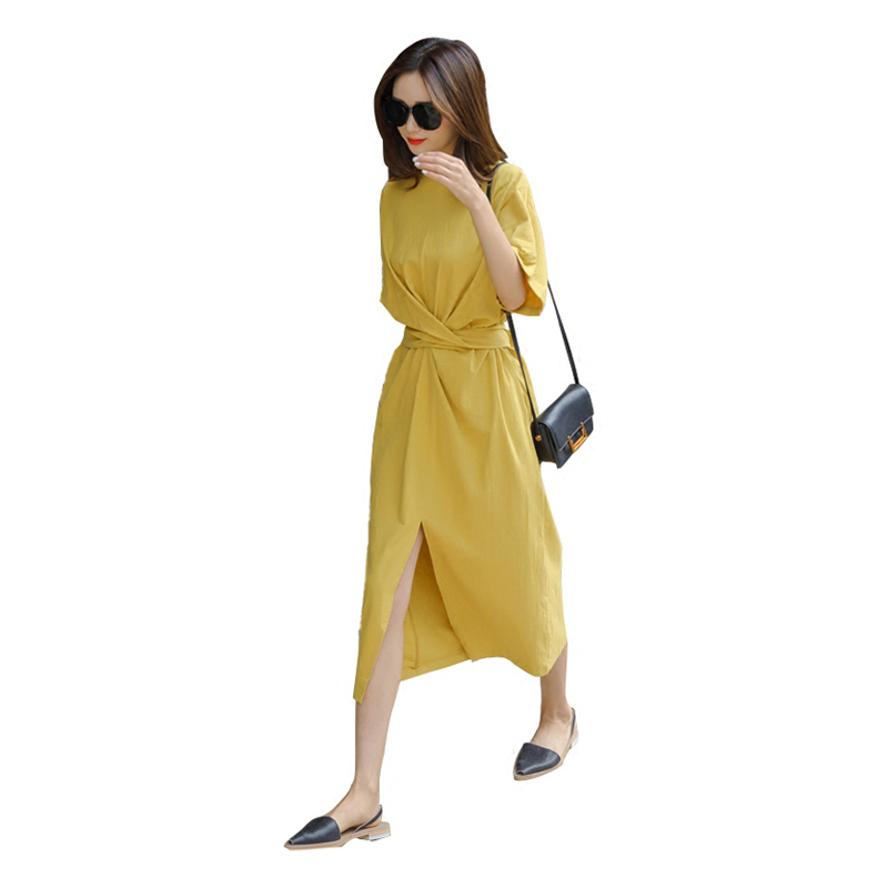 裙子女夏收腰短袖气质冷淡风法式少女复古极简中长款黄色连衣裙潮