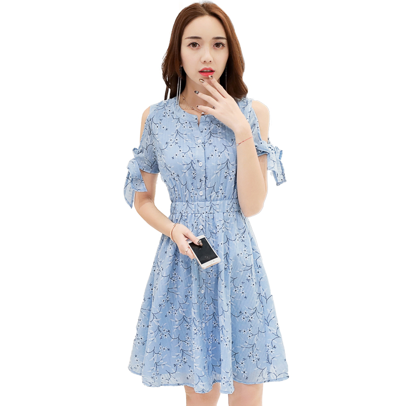 H型中长款短袖2018年夏季单件套头高腰连衣裙舒适修身纯色