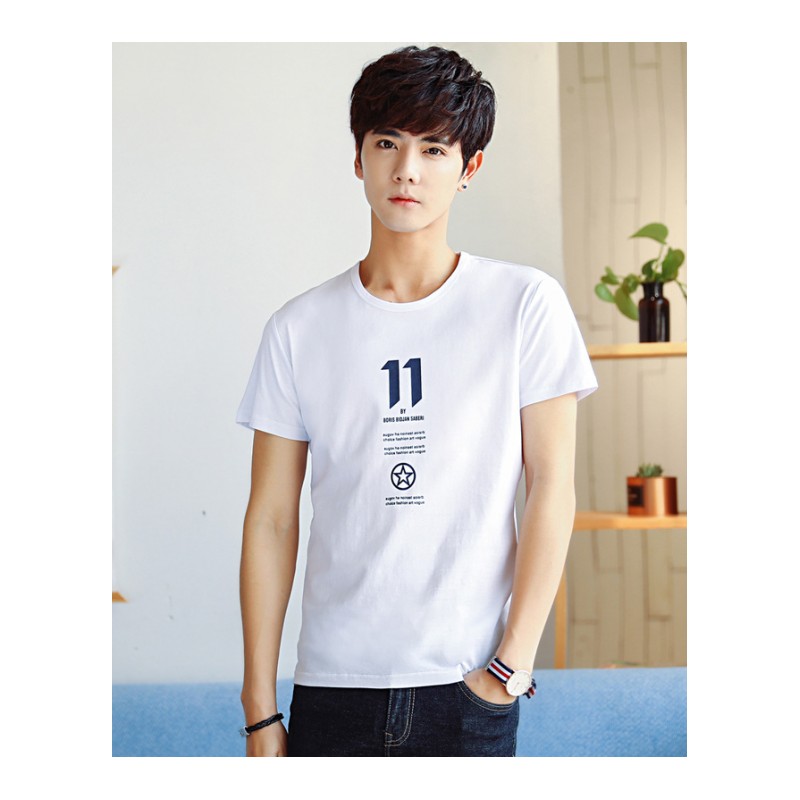 新款韩版男装夏季青春流行青少年修身印花纯色圆领短袖T恤