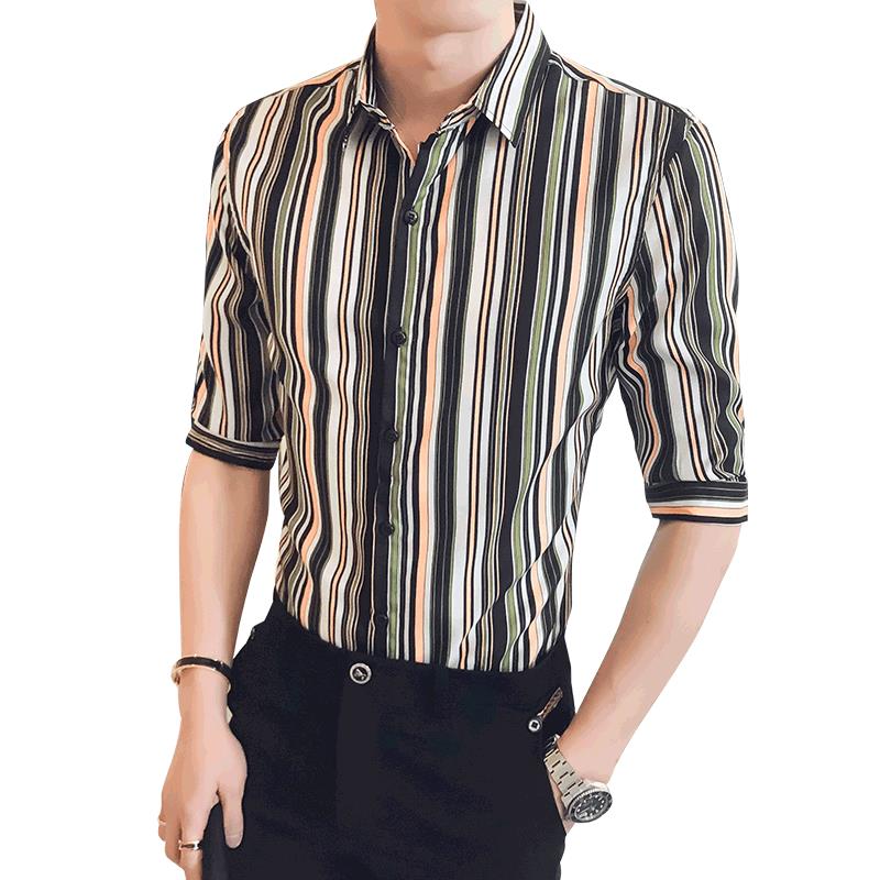 尖领条纹衬衫2018年精致韩风商务绅士夏季五分袖修身型上班印心机