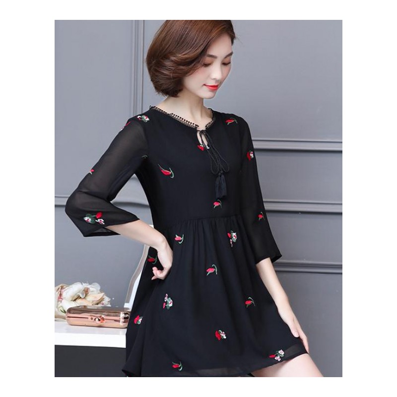 2018大码女装夏装新款潮中长款遮肚子显瘦宽松百搭七分袖连衣裙