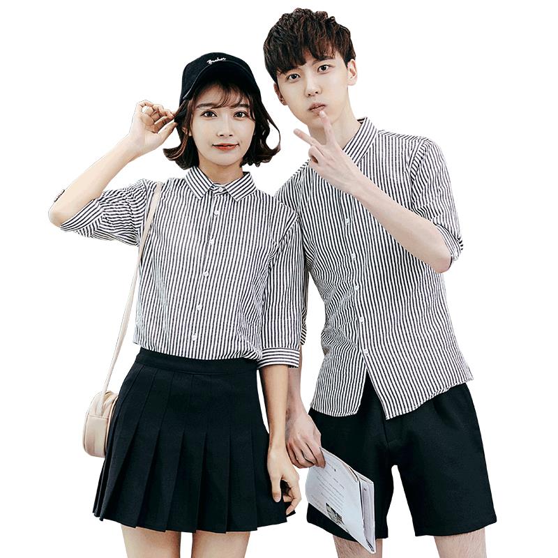 韩版男装 青春流行夏季小清新情侣七分袖条纹修身棉衬衫