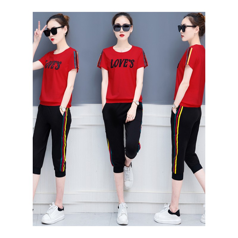 新款女装时髦休闲运动服套装女潮字母显瘦短袖七分裤两件套