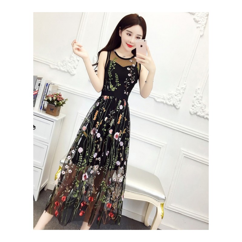 2018夏装新款韩版时尚气质名媛修身显瘦刺绣网纱无袖连衣裙长裙女