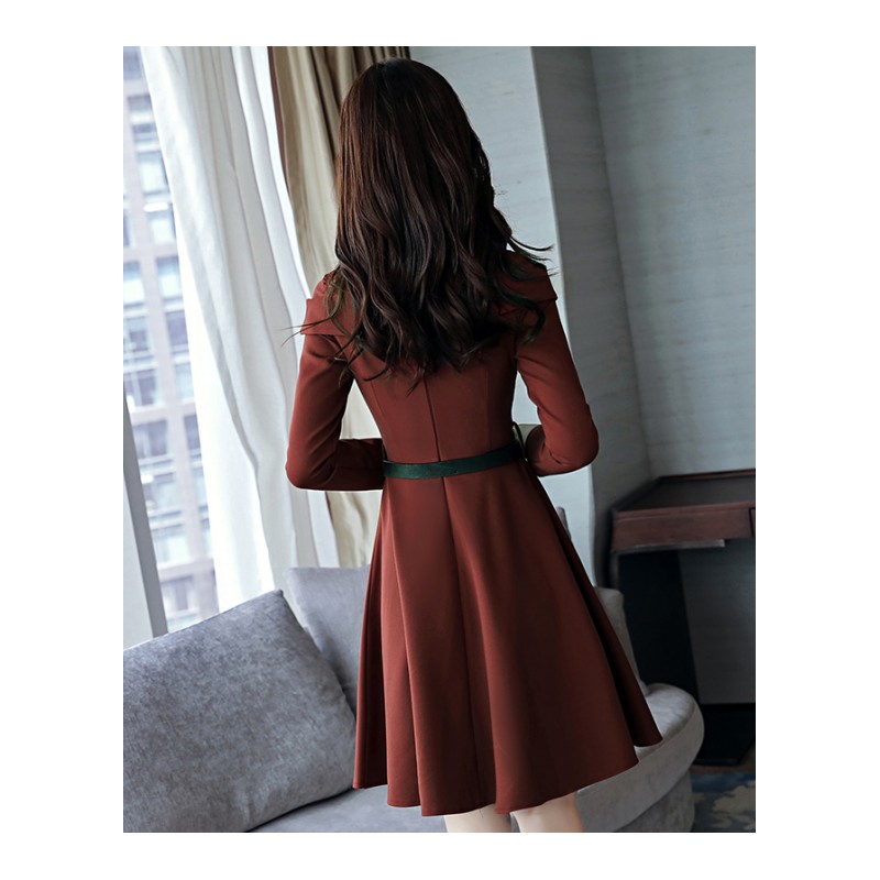 2018夏季新款韩版潮流连衣裙圆领长袖短裙纯色配腰带甜美镂空圆领
