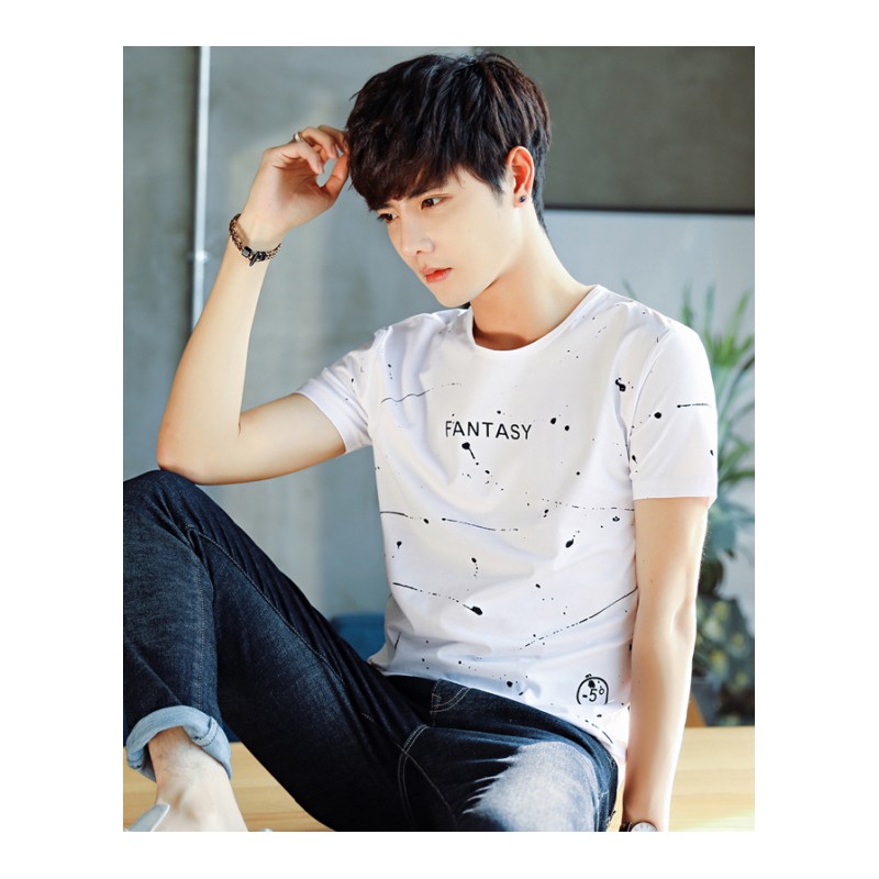 T恤男短袖夏季韩版潮流修身百搭圆领印花半袖男式学生体恤打底衫
