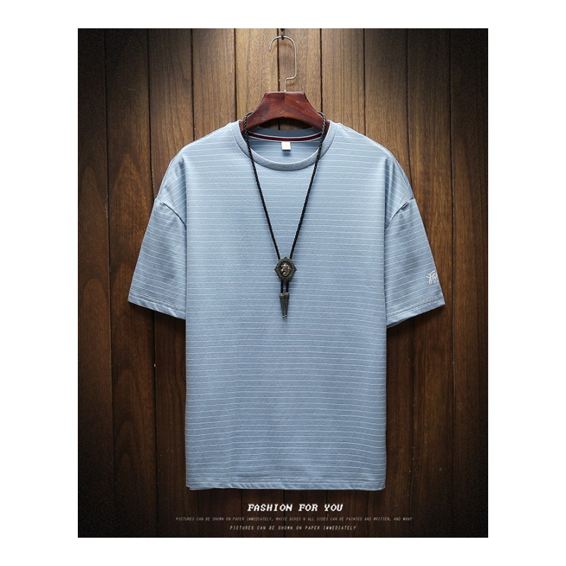 韩版男装五分袖青春流行条纹青少薄圆领夏季修身棉T恤心机