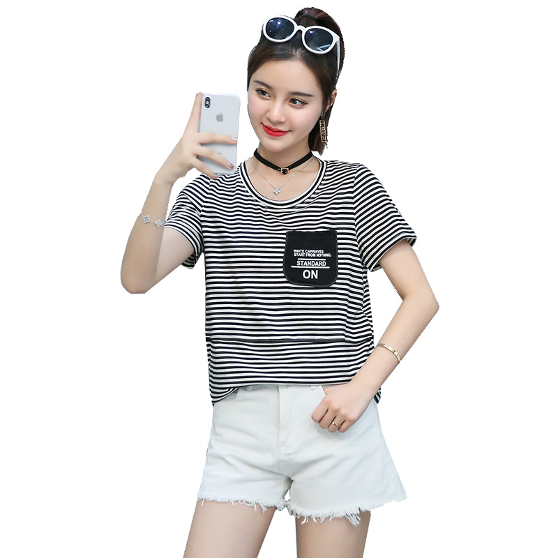 短袖T恤女夏装新款韩版宽松显瘦棉质短款条纹圆领体恤衫半袖上衣