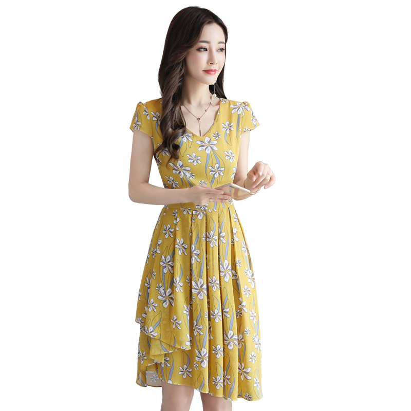 韩版女收腰优雅韩版圆领高腰时尚2018年夏季短袖中长款印花连衣裙