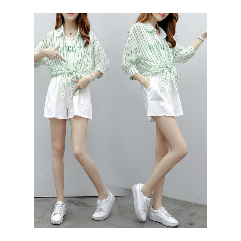2018夏季新款女装套装韩版时尚条纹上衣短裤两件套套装女