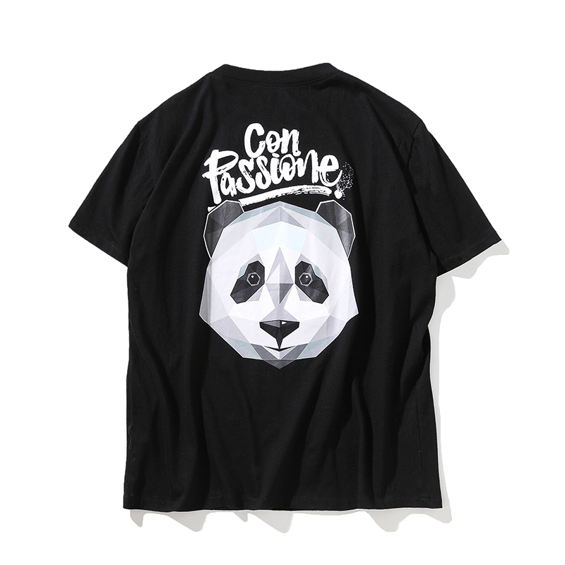 夏天熊猫印花短袖T恤男加大码ins半袖体恤衫青少年bf个性潮流上衣