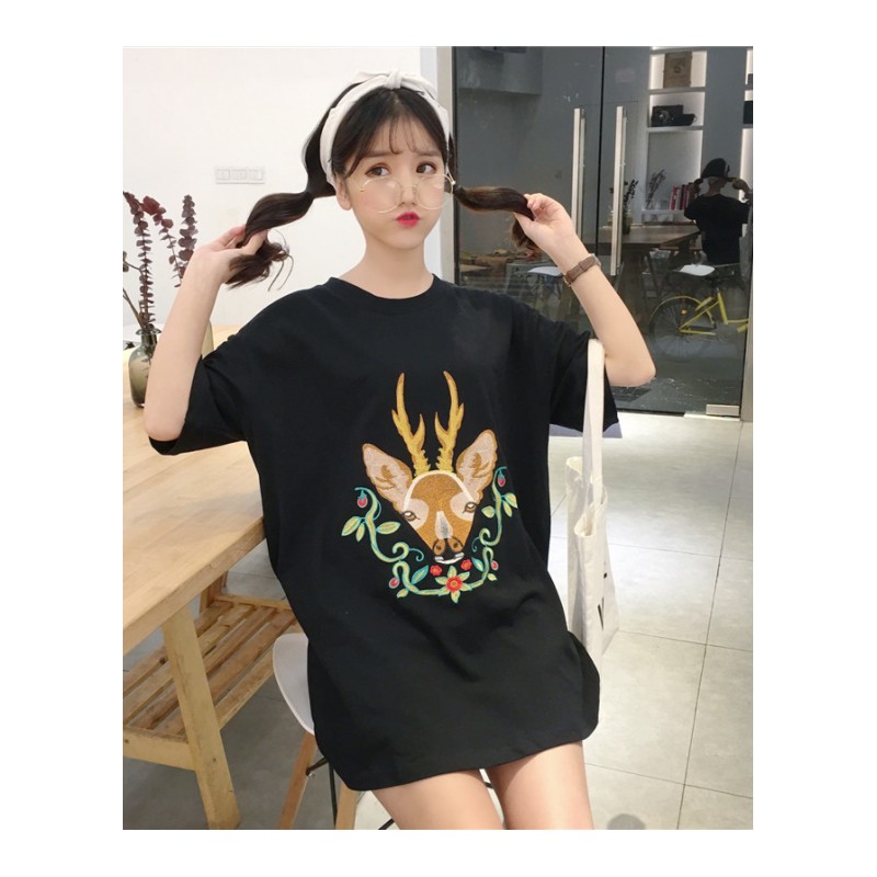 实拍~2018春夏学院风中长款打底衫宽松刺绣学生短袖T恤女潮