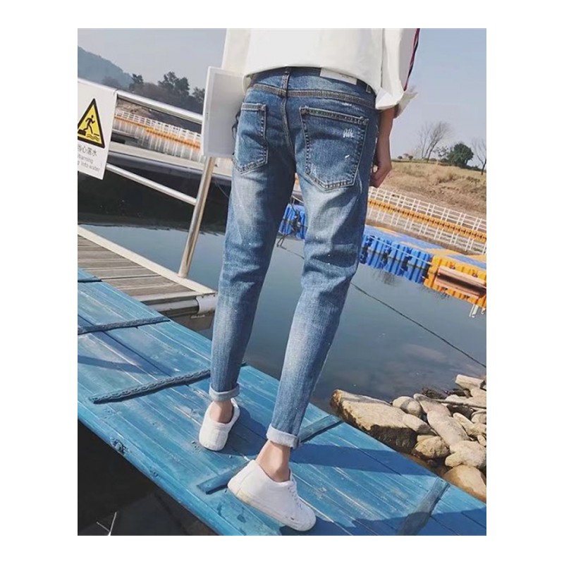 2018新款男士牛仔裤子夏季修身小脚韩版潮流破洞乞丐九分裤潮心机