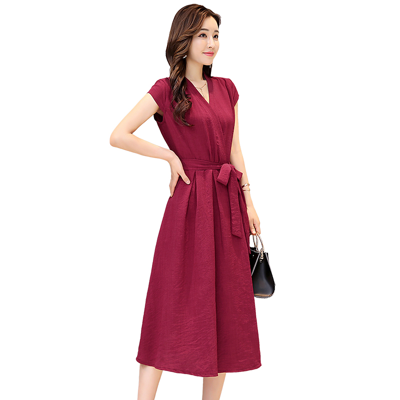 2018年春夏季新款短袖套头高腰V领纯色甜美时尚优雅时尚女连衣裙