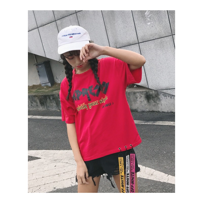 春夏女装韩版原宿风宽松百搭卡通短袖字母T恤圆领上衣学生打底衫
