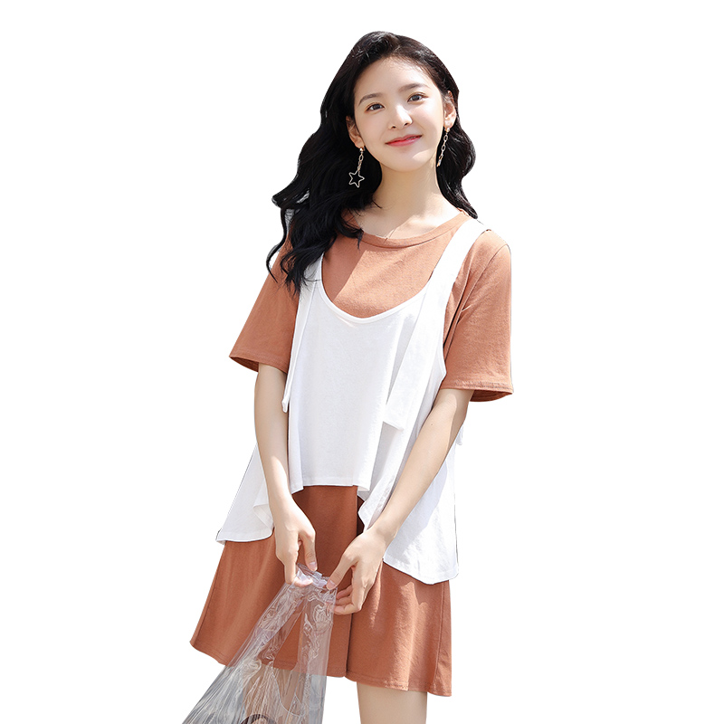 连衣裙纯色圆领高腰套头大摆型2018年夏季短袖短裙甜美针织