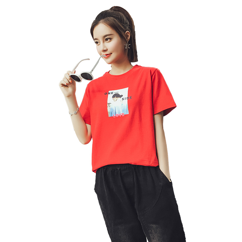2018年夏季休闲时尚舒适气质魅力百搭潮流圆领图案修身显瘦T恤