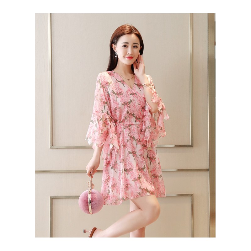 韩版2018年夏季连衣裙花色气质流行韩版中长款优雅时尚修身显瘦心