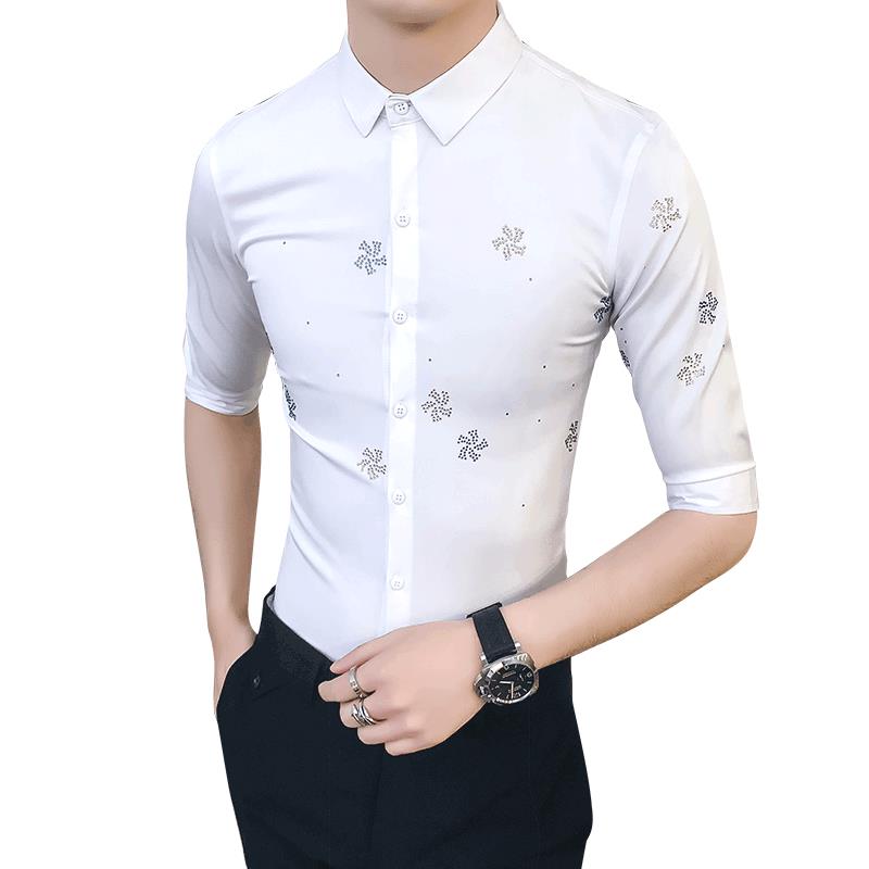 18韩版男装年青涤纶青春流行烫印七分袖青少夏季纯色修身衬衫心机