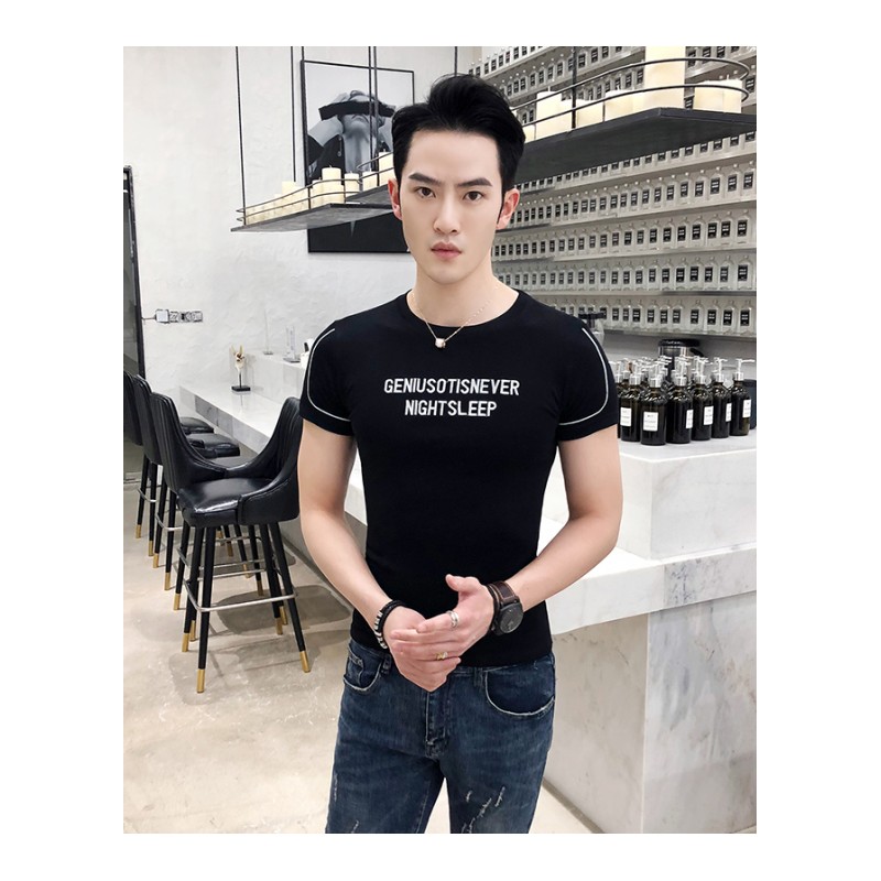 韩版男装字母数字青春流行绣花青夏季潮修身短袖圆领T恤潮