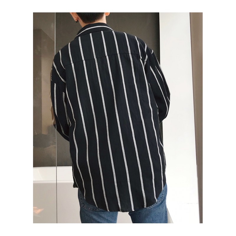 韩版帅气青少年休闲条纹长袖衬衫男士2018春装新款百搭宽松衬衣潮