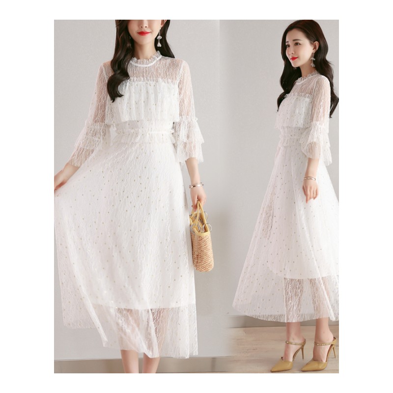 拼接潮流心机时尚气质蕾丝连衣裙高腰喇叭袖单件2018年夏季七百搭