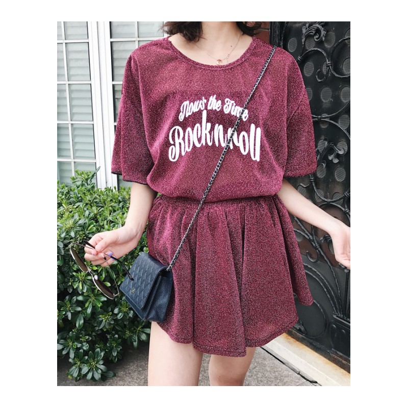 夏装新款韩版字母印花透视露背T恤+抹胸+高腰百褶A字半身裙三件套